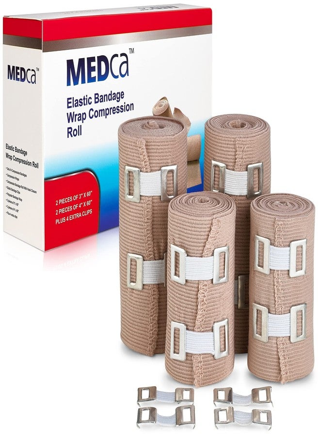 MEDca Elastic Compression Bandage Wrap - Premium Quality (Set of 4) w/ Hooks, Athletic Sport Support Tape Rolls for Ankle, Wrist, Arm, Leg Sprains First Aid Bandages Measure (2)- 4" x 5 Ft (2)- 3" x 5 Ft - Image 1